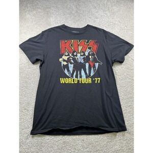 Kiss Black Logo World Tour '77 Short Sleeve Band T-Shirt Rock Tee Size Large